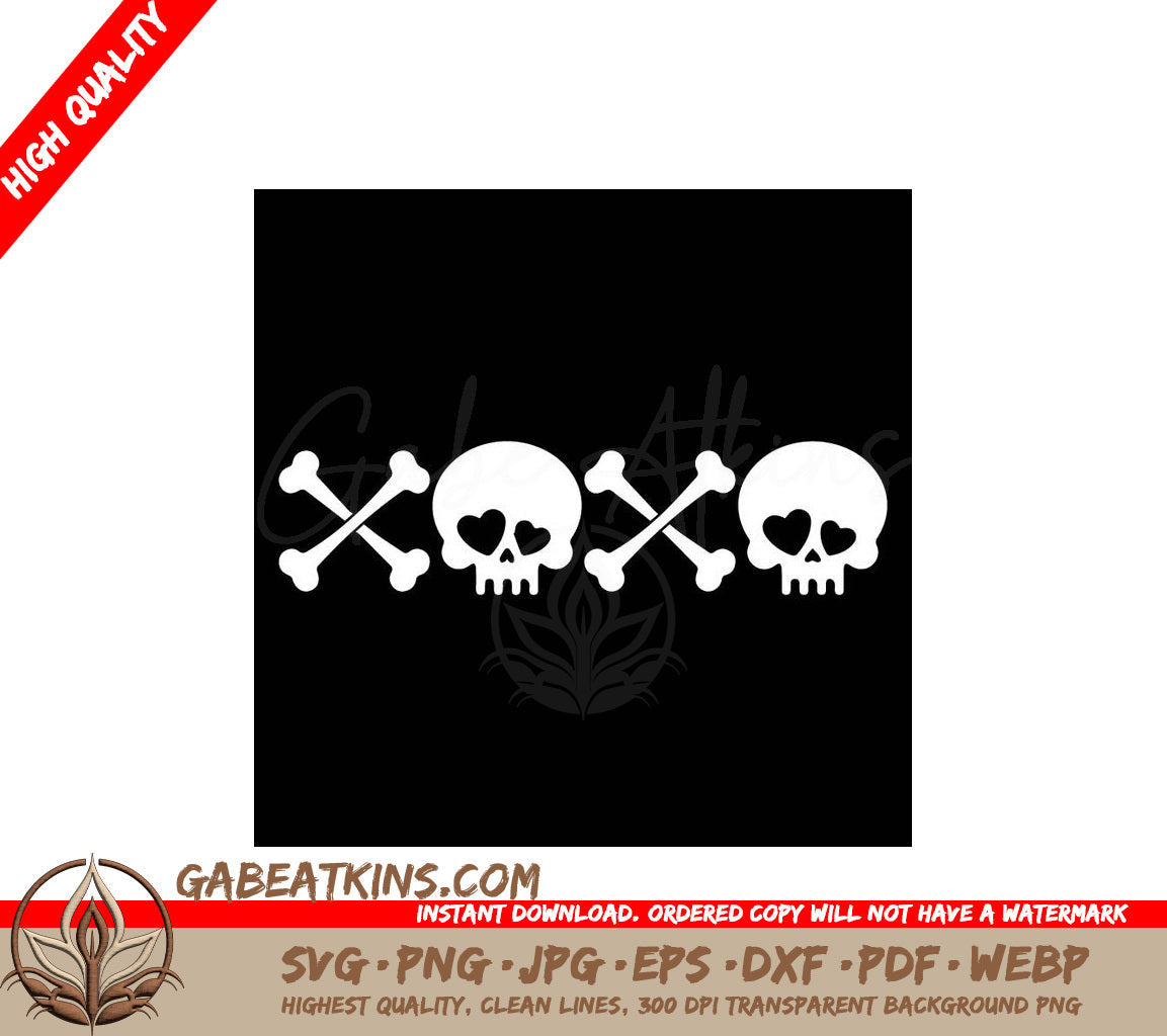 A Row Of White Skulls With Hearts In Their Eyes And Crossbones SVG - XOXO Skulls SVG SVG