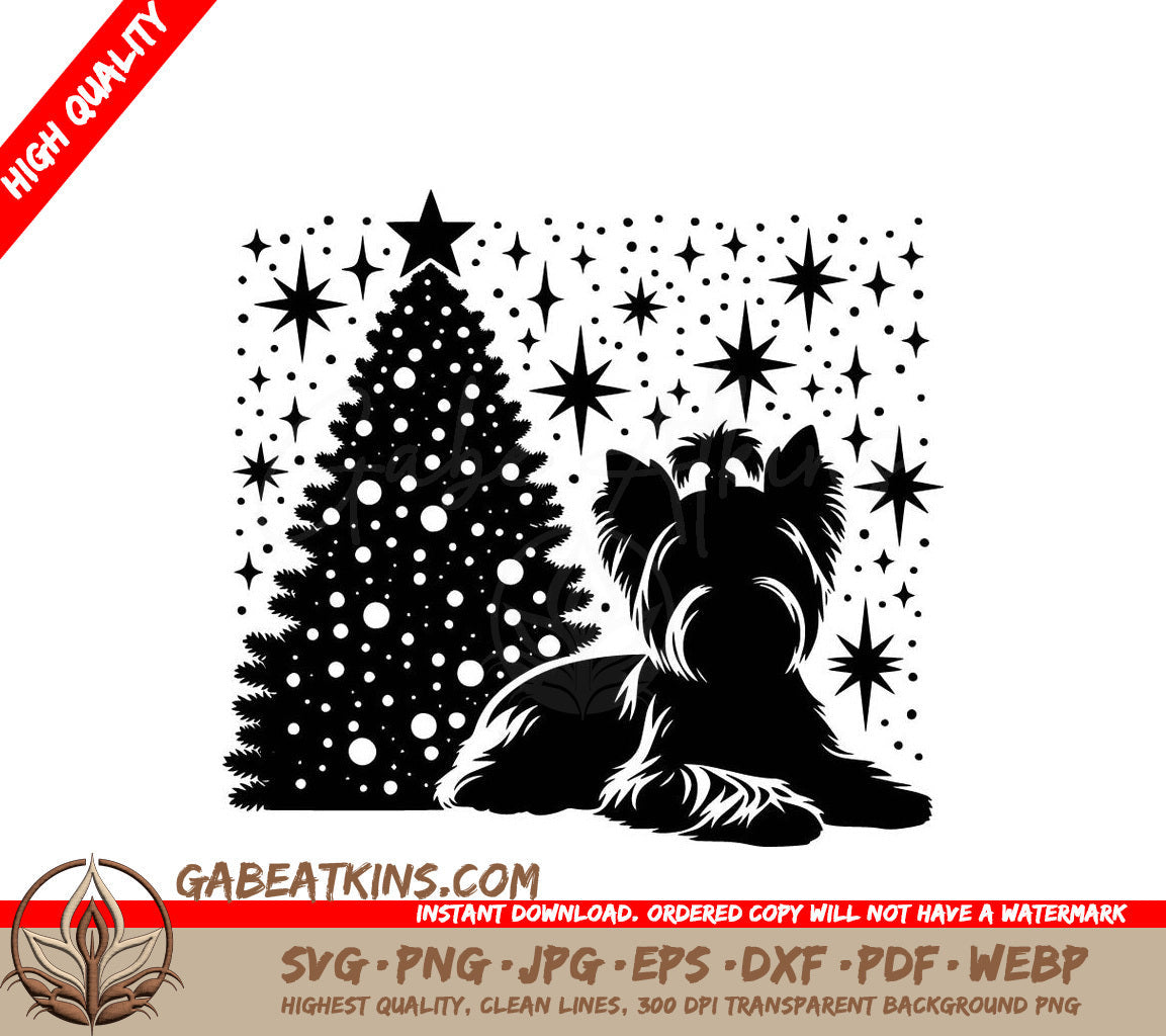 A Small Dog Is Laying In Front Of A Christmas Tree SVG - Yorkie by the Tree SVG