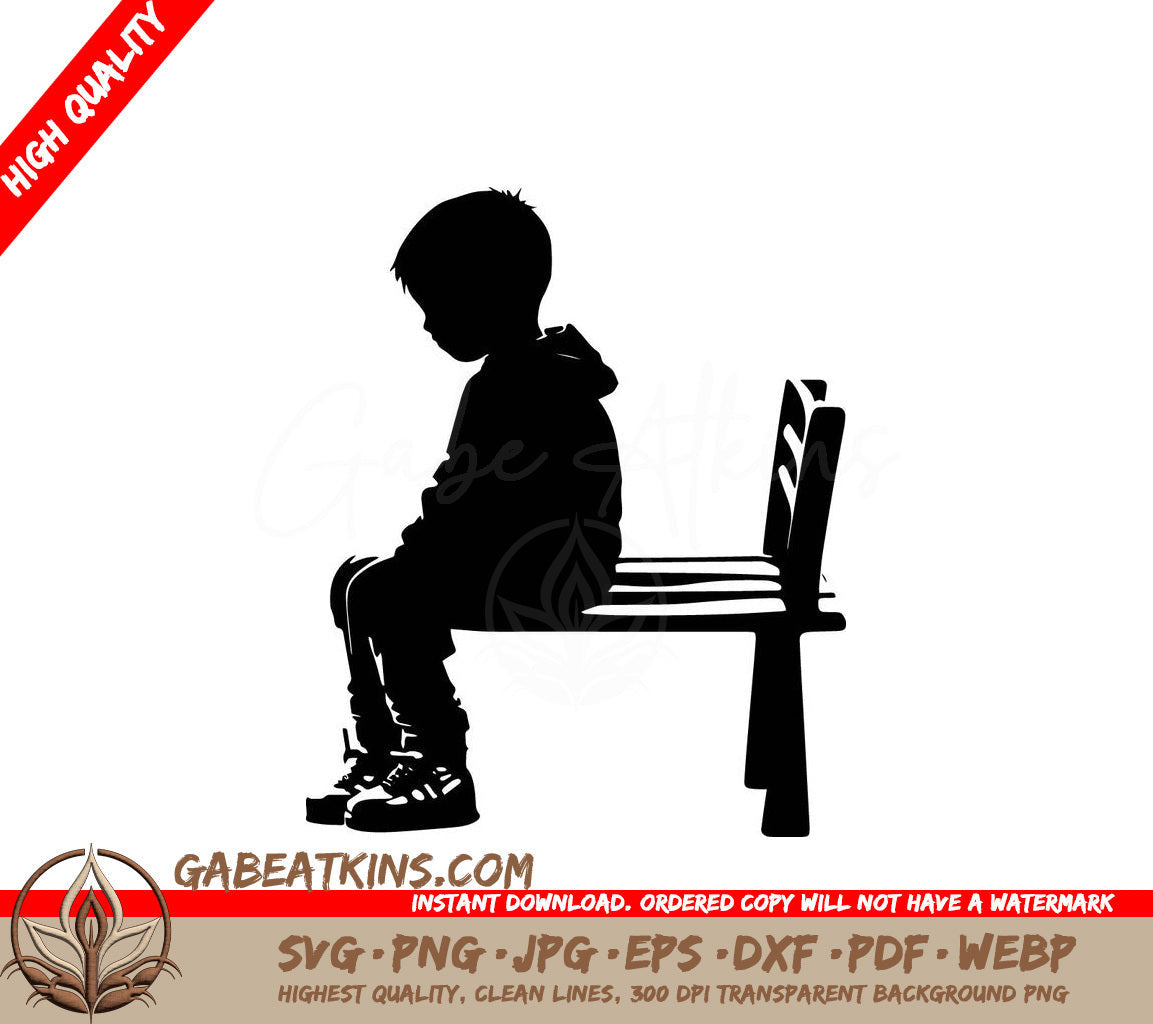 A Silhouette Of A Boy Sitting On A Bench With His Head Down SVG - Young Boy Sitting on Bench SVG