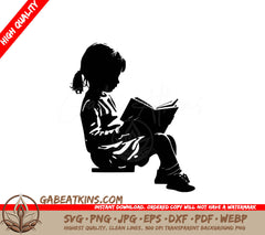 A Silhouette Of A Little Girl Reading A Book SVG - Young Girl Reading SVG