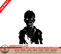 A Black And White Drawing Of A Zombie With Glowing Eyes