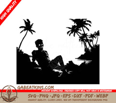 A Silhouette Of A Man Sitting Under Palm Trees