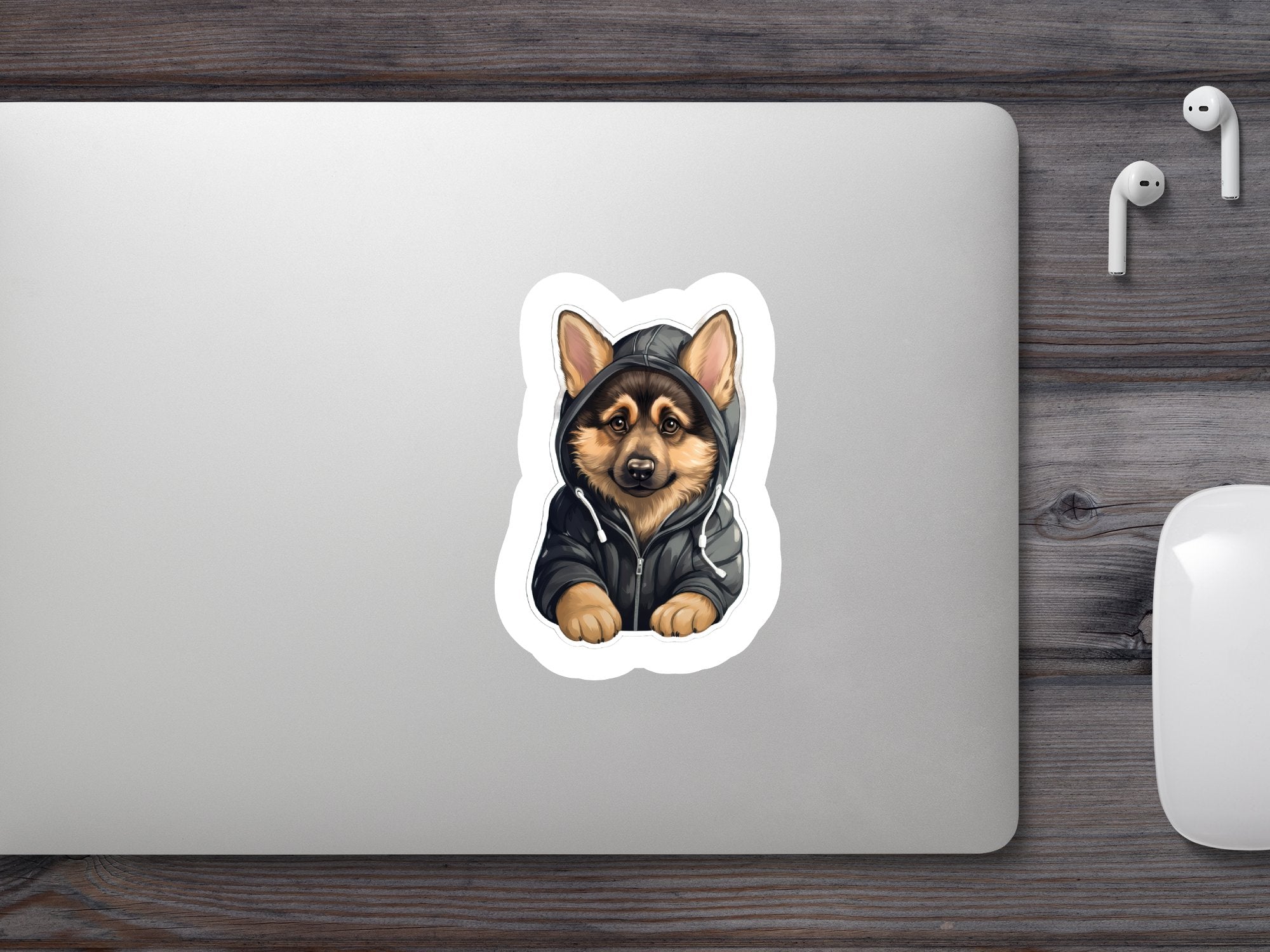 Cute Sticker German Shepherd Puppy Wearing a Dark Hoodie - Gabe Atkins Designs