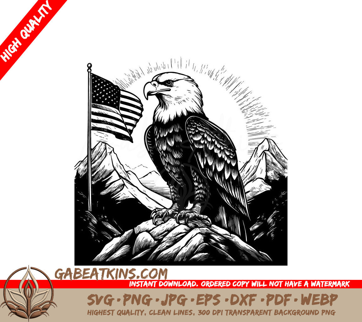 Patriotic Bald Eagle SVG - Perched on Mountain Peak with American Flag SVG