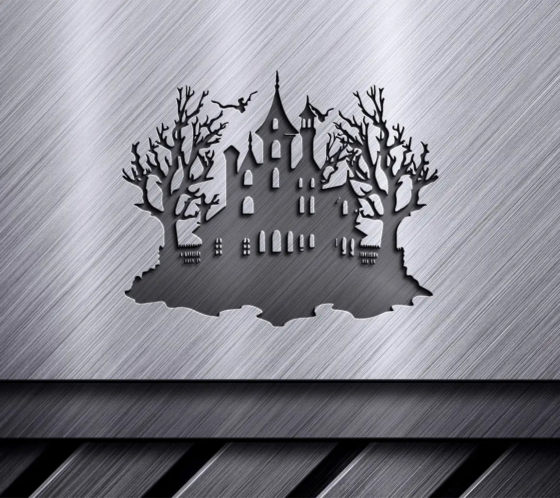 Haunted House Silhouette SVG with Trees - Black SVG