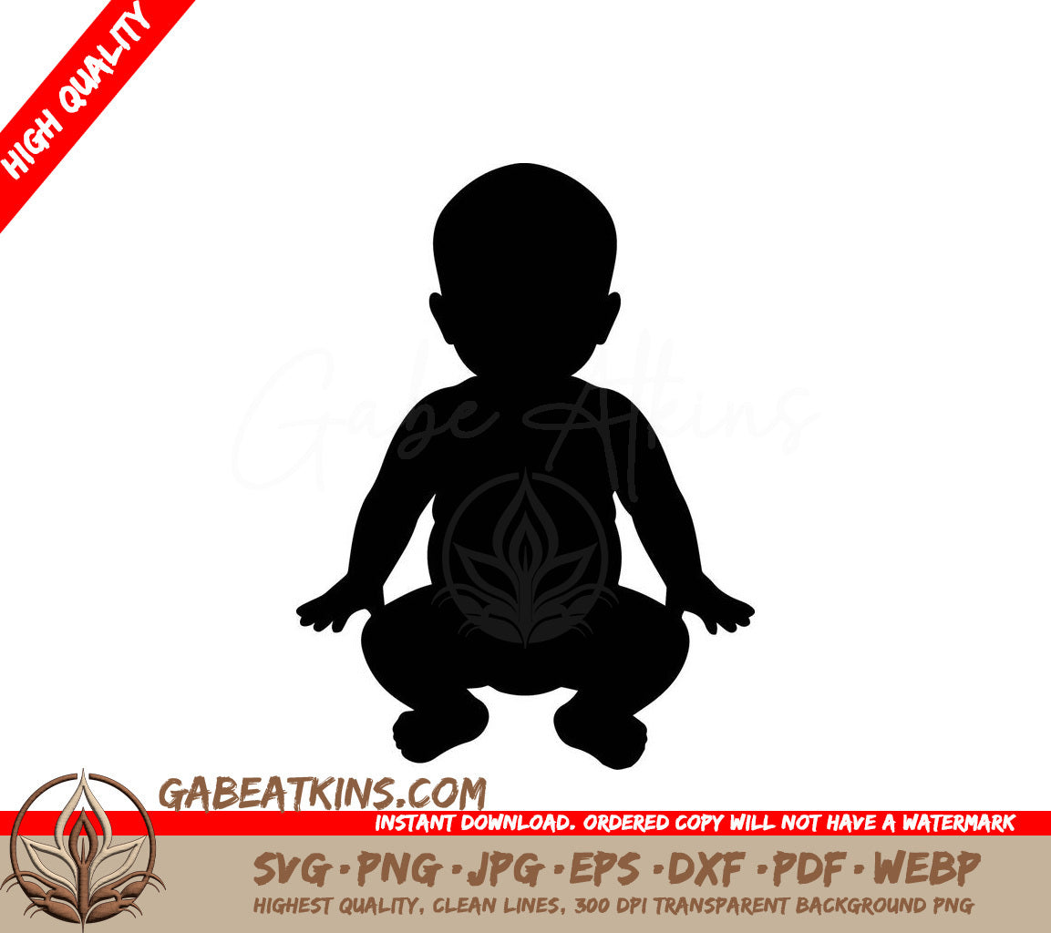 Baby Squatting Silhouette SVG - Black Cartoon Illustration SVG