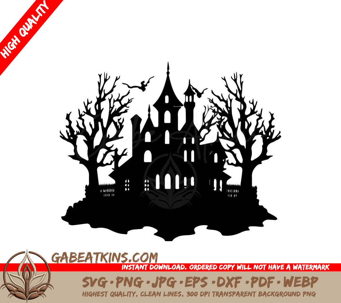 Haunted House Silhouette SVG with Trees - Black SVG