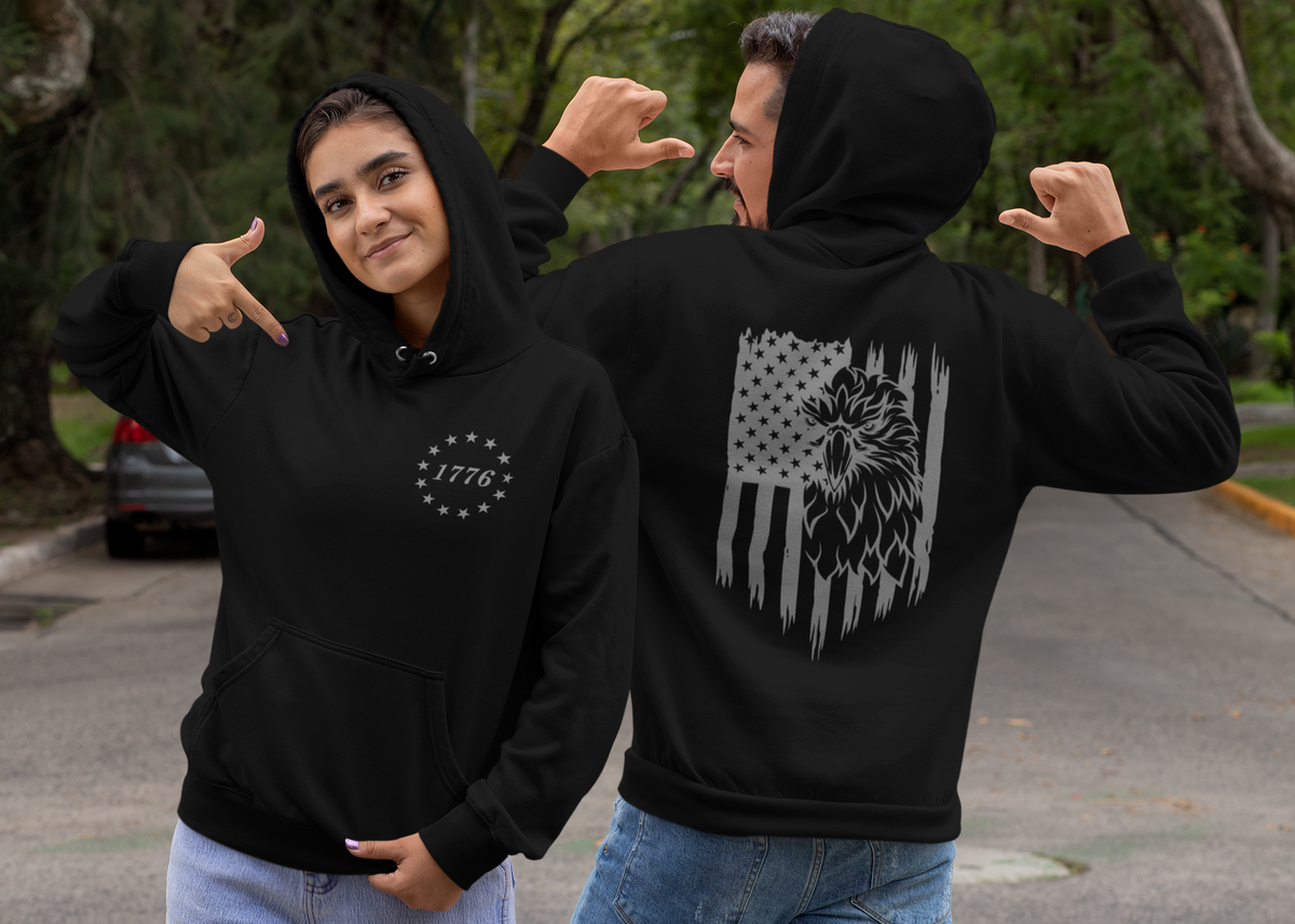 Patriotic Hoodie: 1776 American Flag Eagle | Hoodie with Distressed Flag on Back, Betsy Ross America Sweatshirt, Mens American Flag Hoodie,USA - Gabe Atkins Designs