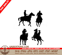 Four Silhouettes Of Men Riding Horses On A White Background SVG - cowboy action silhouette vector SVG