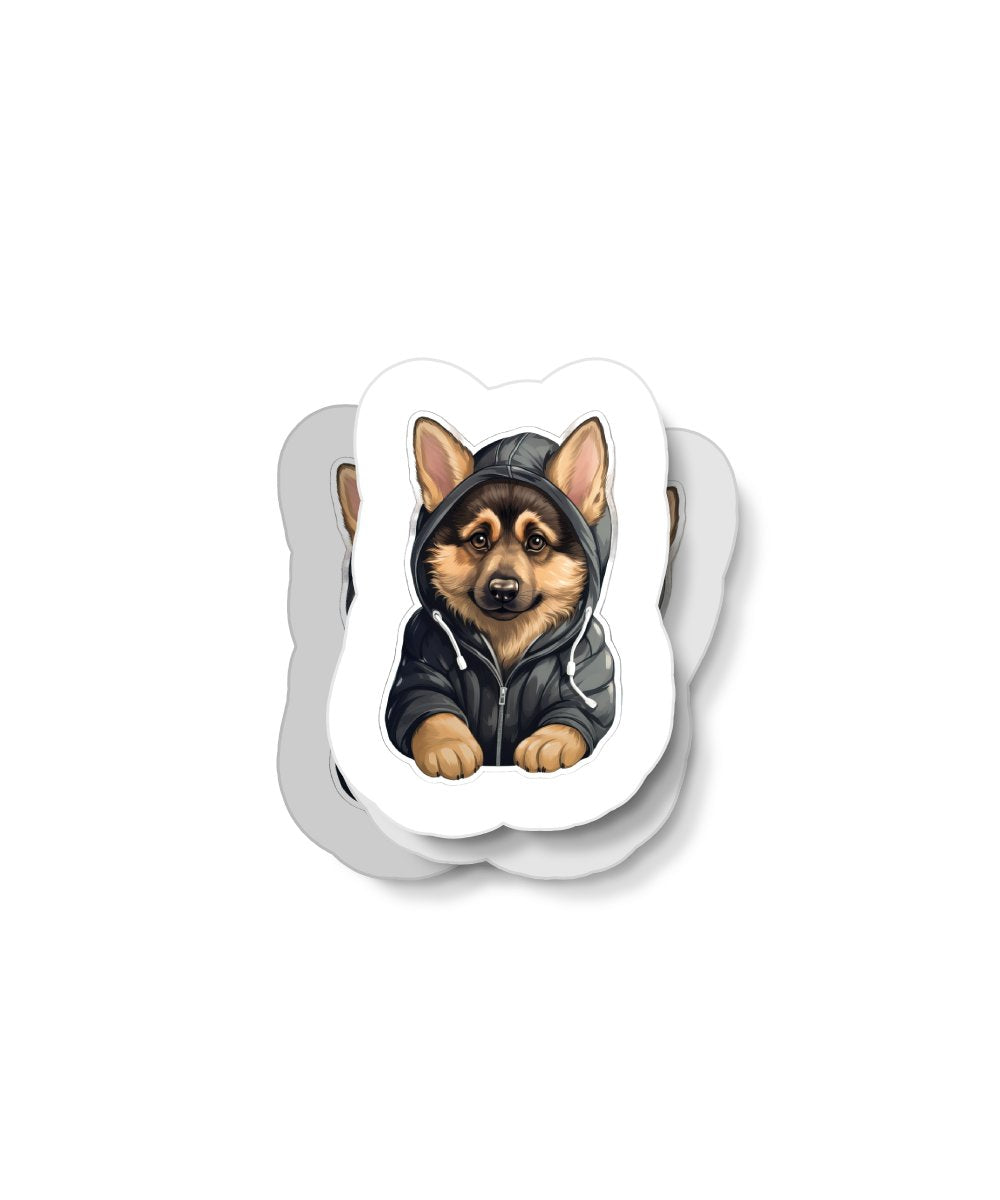 Cute Sticker German Shepherd Puppy Wearing a Dark Hoodie - Gabe Atkins Designs