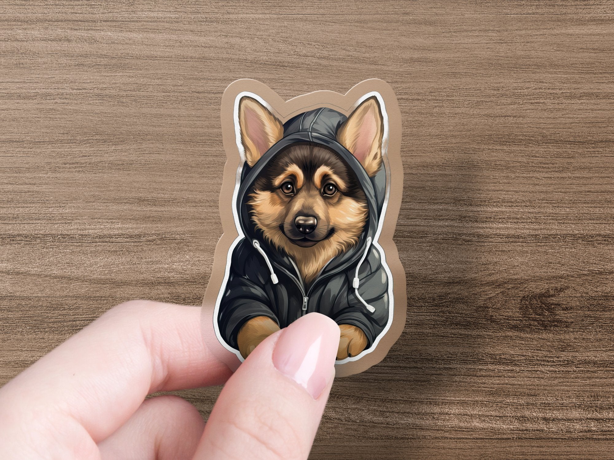 Cute Sticker German Shepherd Puppy Wearing a Dark Hoodie - Gabe Atkins Designs