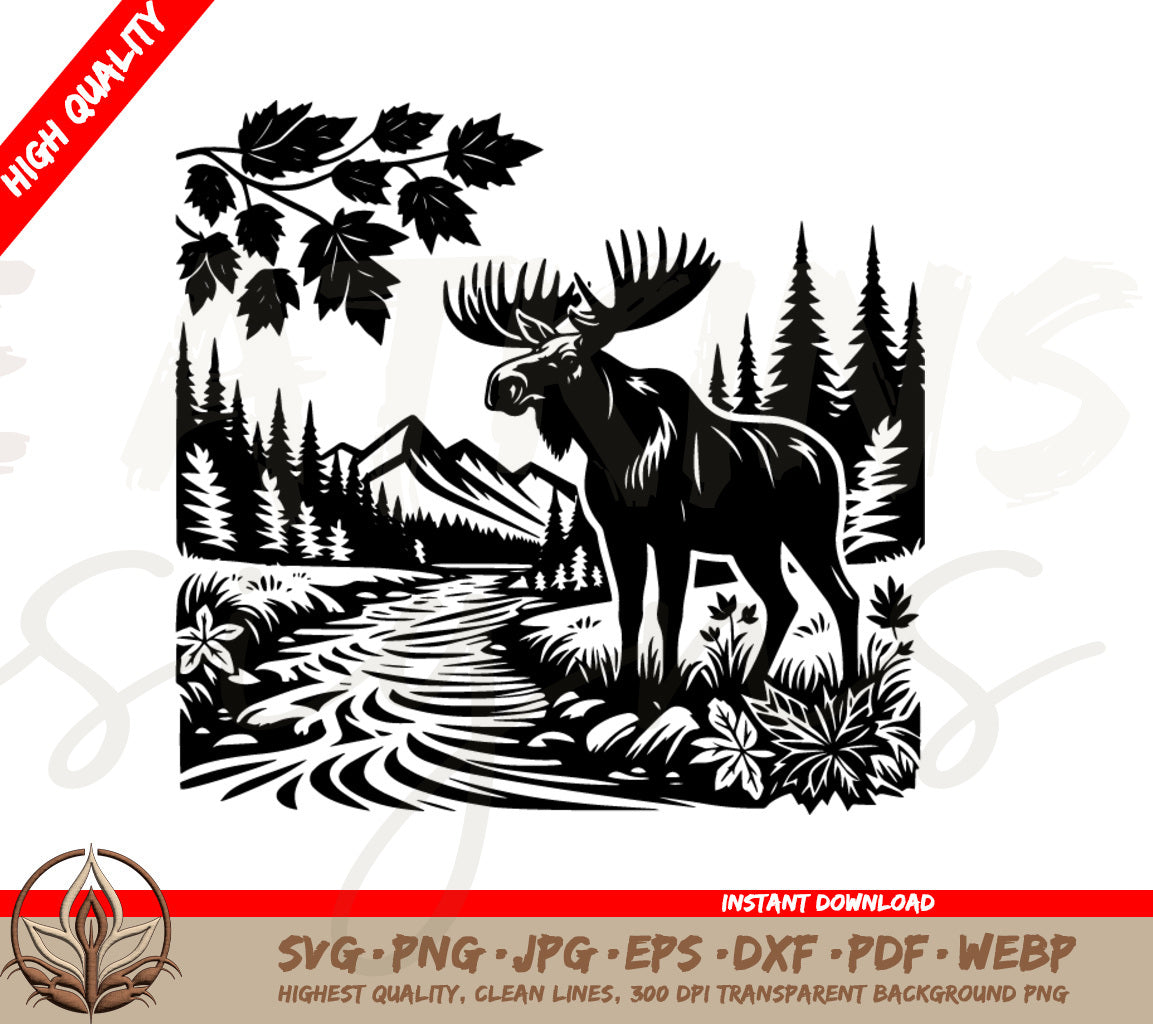 Moose SVG - Majestic Moose in the Mountains Silhouette Cut File for Crafting