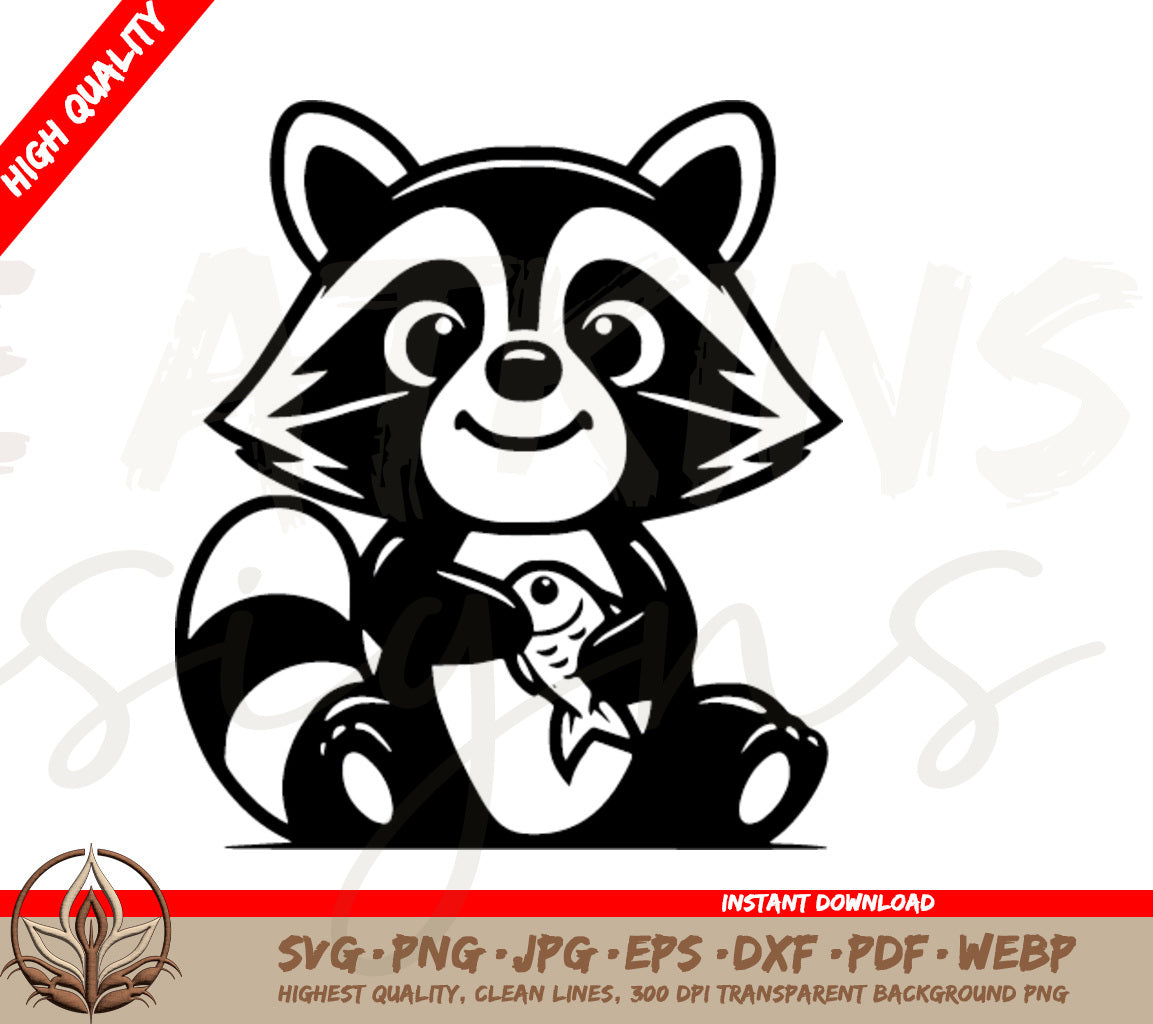 Raccoon Holding Fish SVG - Cute Animal SVG for Crafting Projects