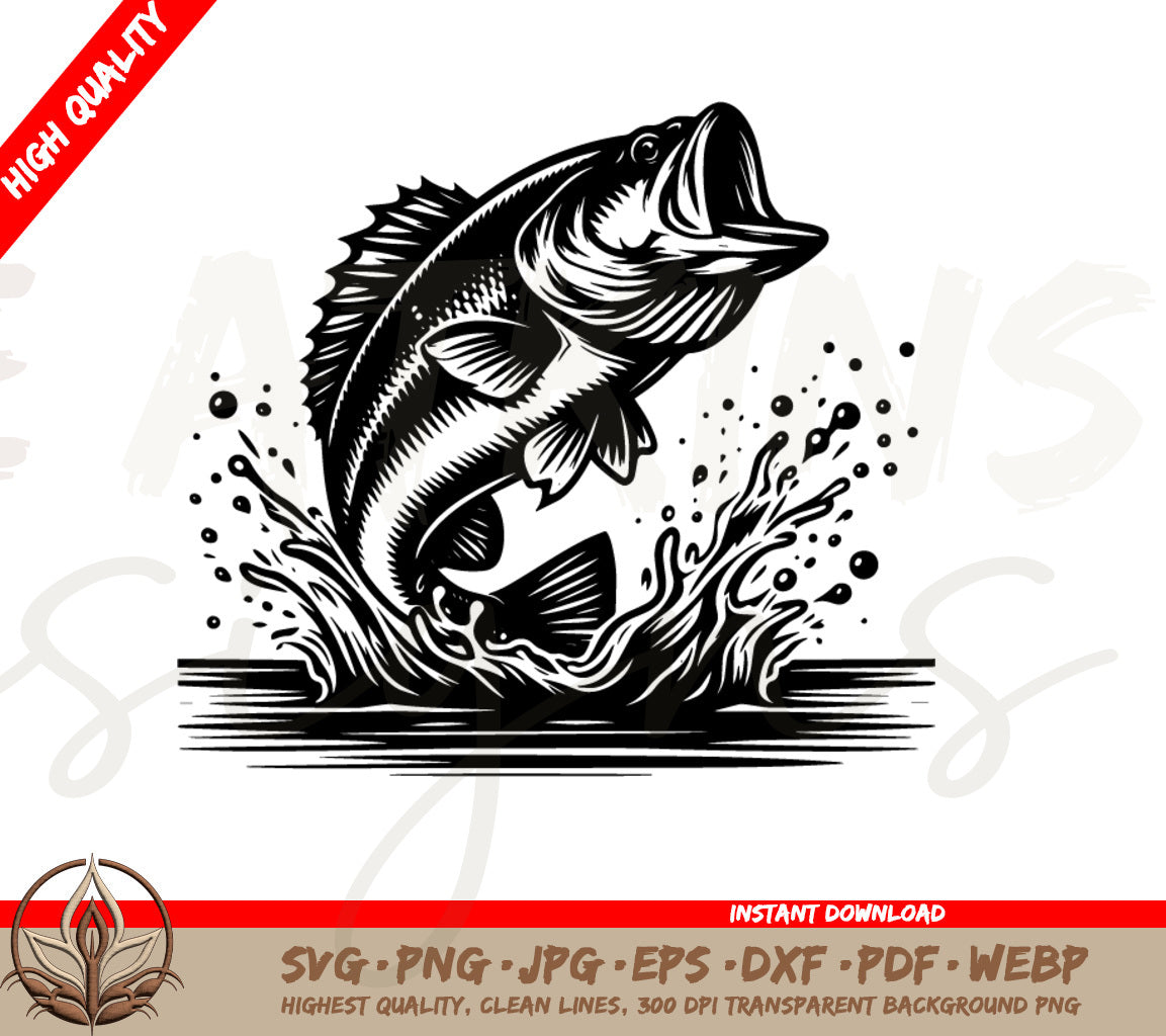 Bass SVG - Fishing Adventure: Leaping Bass SVG for Crafts & Designs!