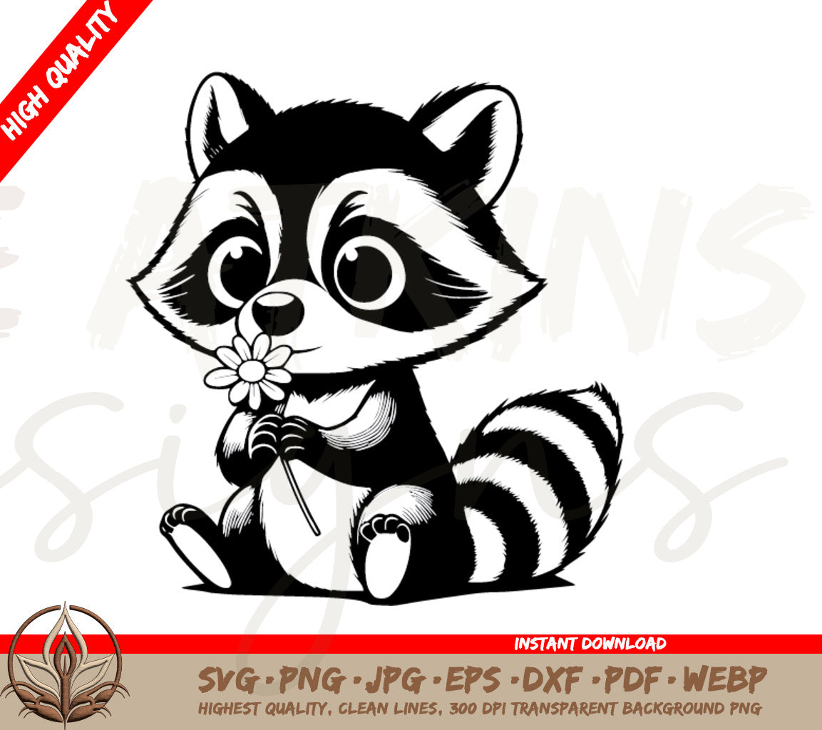 Raccoon SVG - Blooming with Cuteness: A Cute Raccoon Holding a Flower!