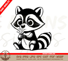 Raccoon SVG - Blooming with Cuteness: A Cute Raccoon Holding a Flower!