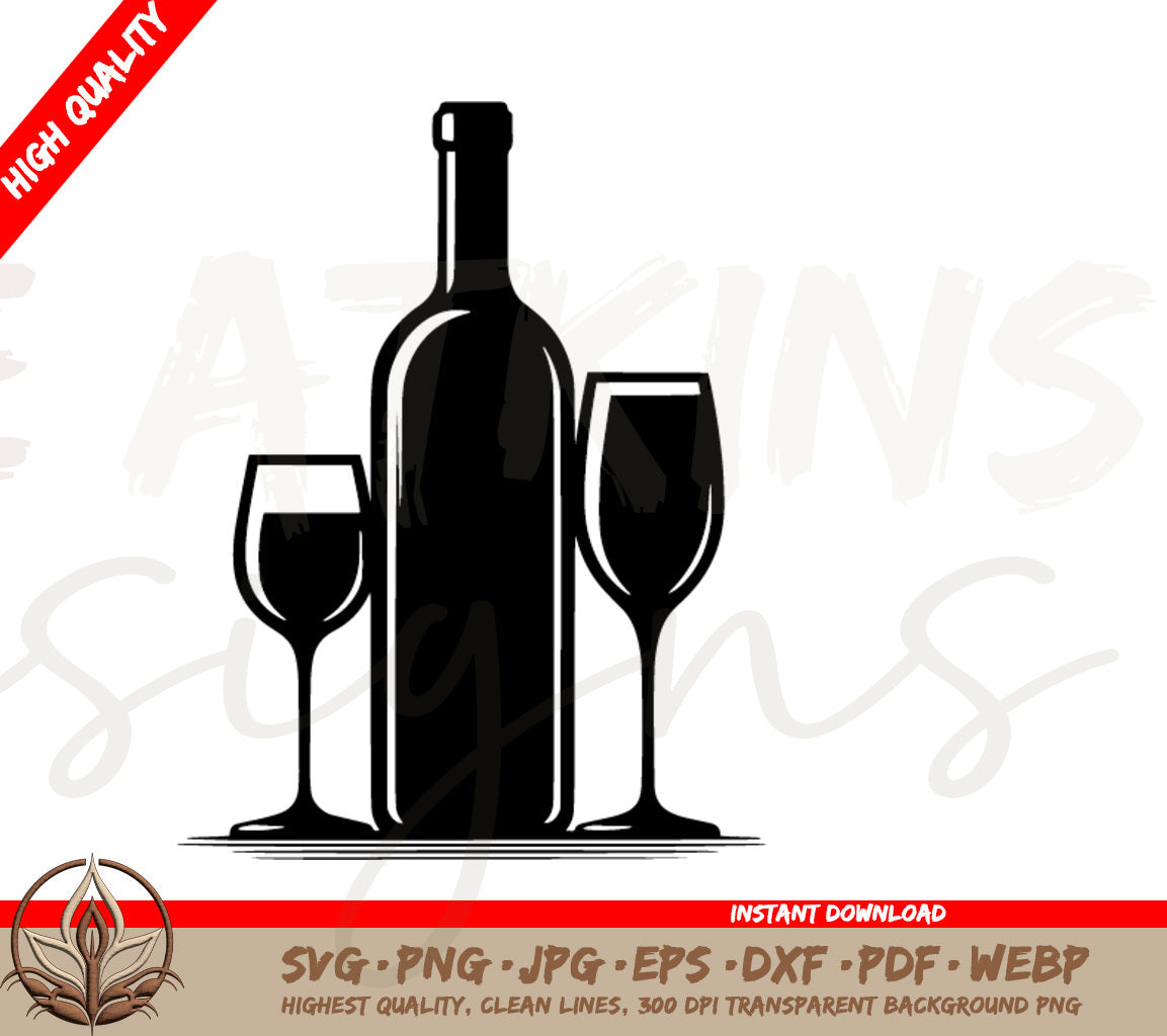 Wine Bottle and Glasses SVG | Perfect for Wine Labels, Menus and More