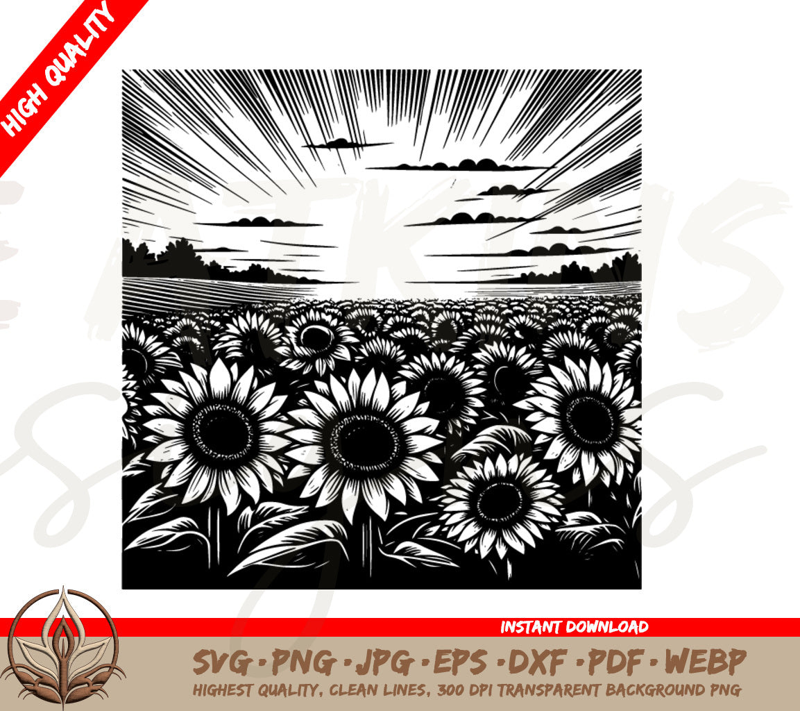 Sunset Over Sunflowers SVG - Capture the Summer! Perfect For Engraving