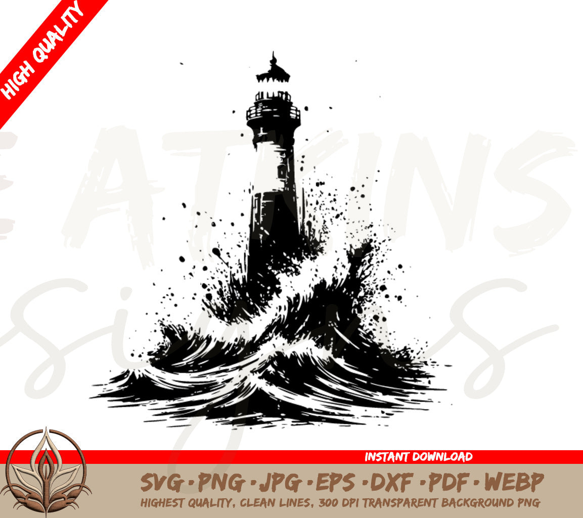 Lighthouse SVG - Featuring Waves Crashing Into the Lighthouse SVG, PNG