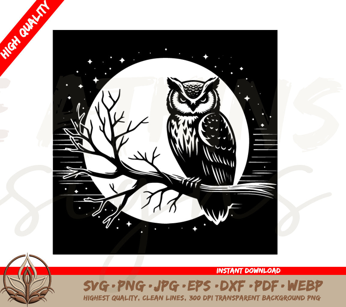 Owl SVG - Majestic Owl on a Branch with Moon Background | High Quality