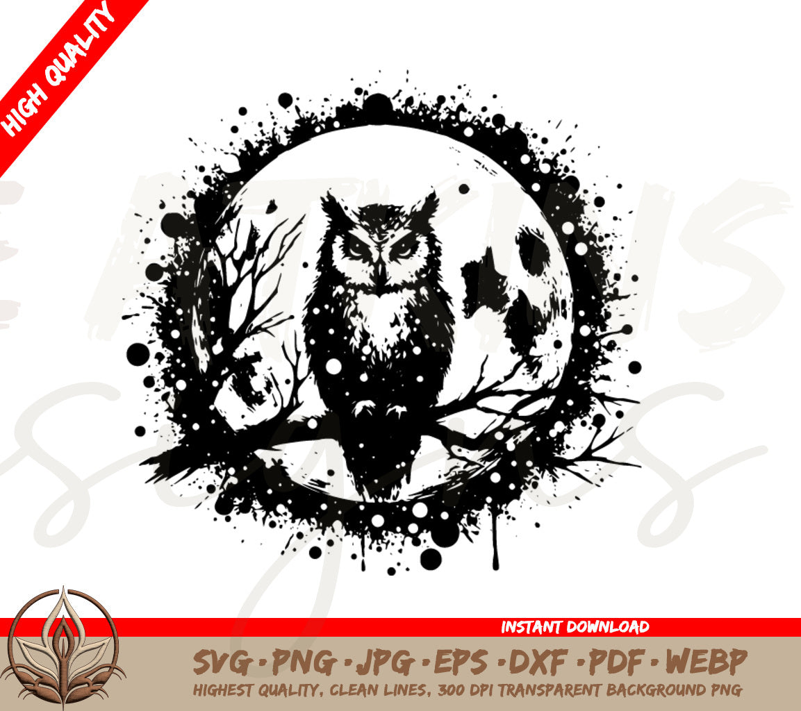 Owl SVG - Cute Moonlit Owl on a Branch with Moon Background | Perfect