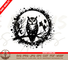 Owl SVG - Cute Moonlit Owl on a Branch with Moon Background | Perfect