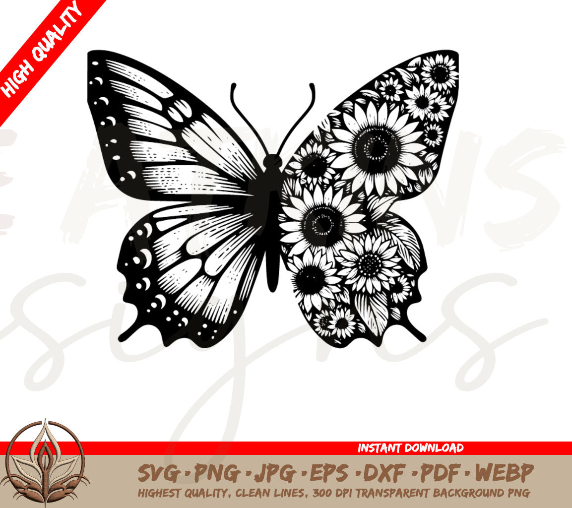 Butterfly with Sunflower Wing SVG Cut File - for Crafts, Shirts & More