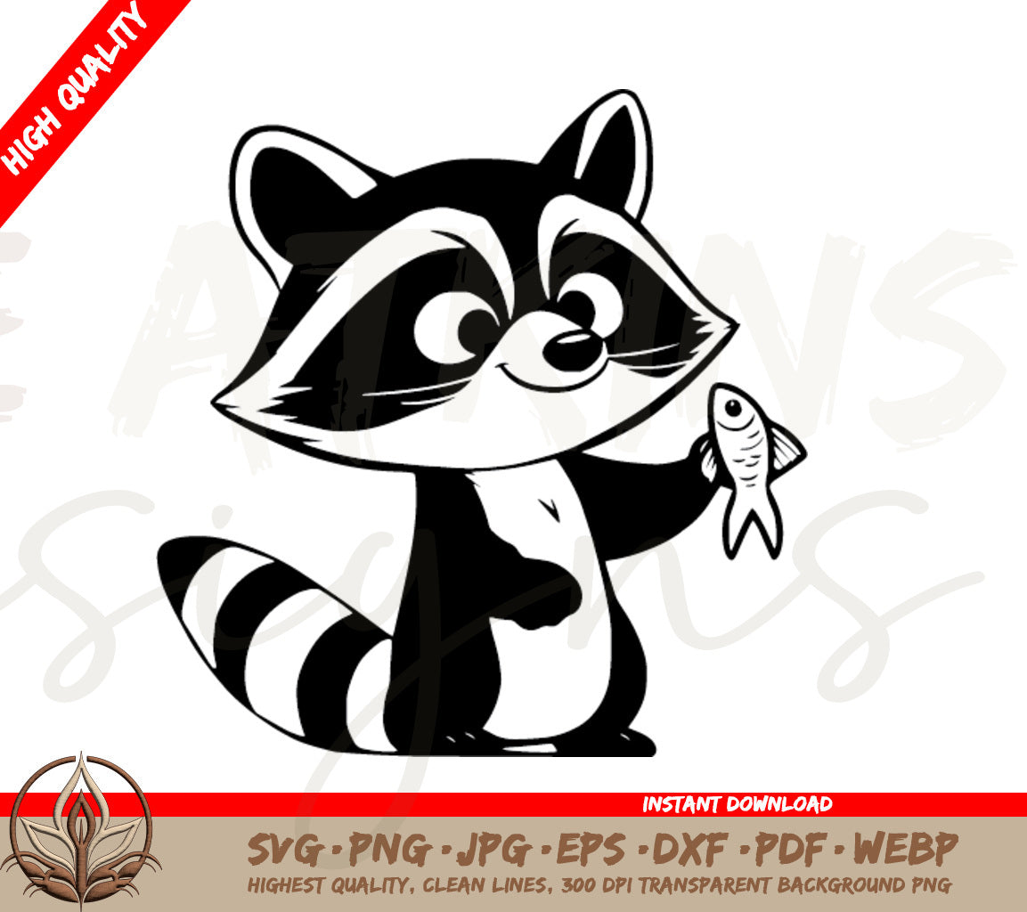 Raccoon Holding a Fish SVG - Cute Animal SVG for Crafting Projects