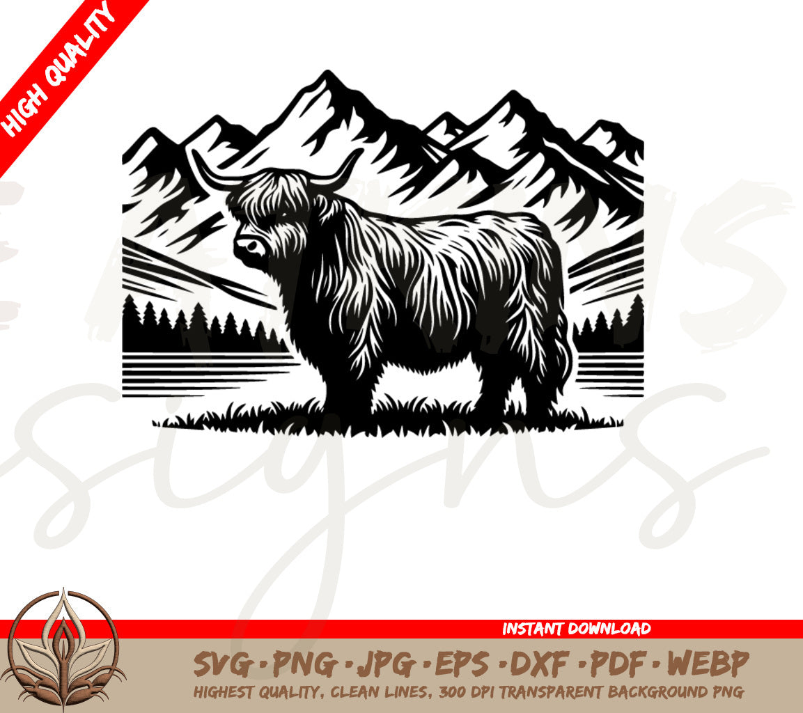 Highland Cow SVG - Majestic Highland Cow in the Field & the Mountains