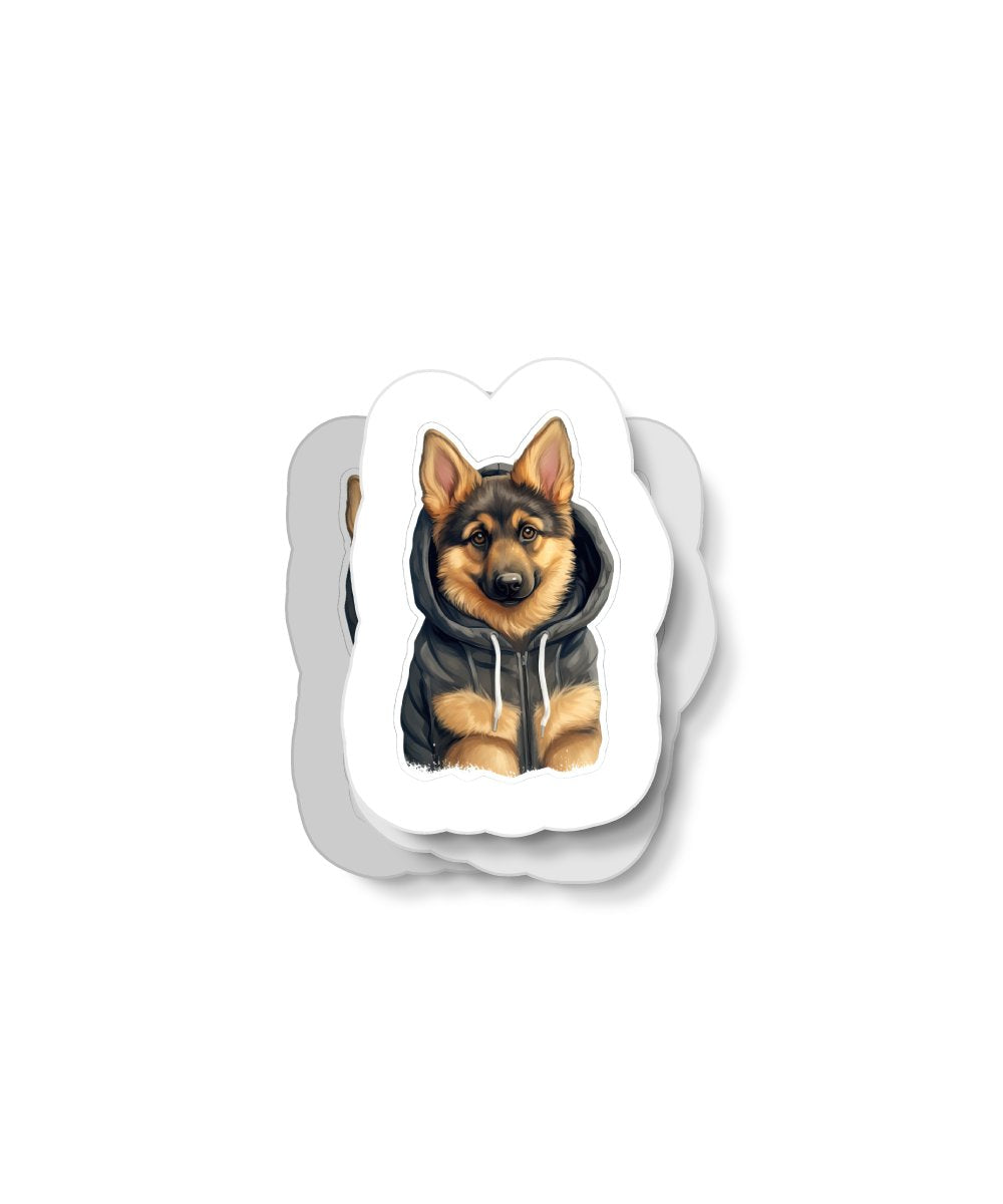 Cute Sticker German Shepherd Puppy Wearing a Hoodie With Ears Outsides - Gabe Atkins Designs