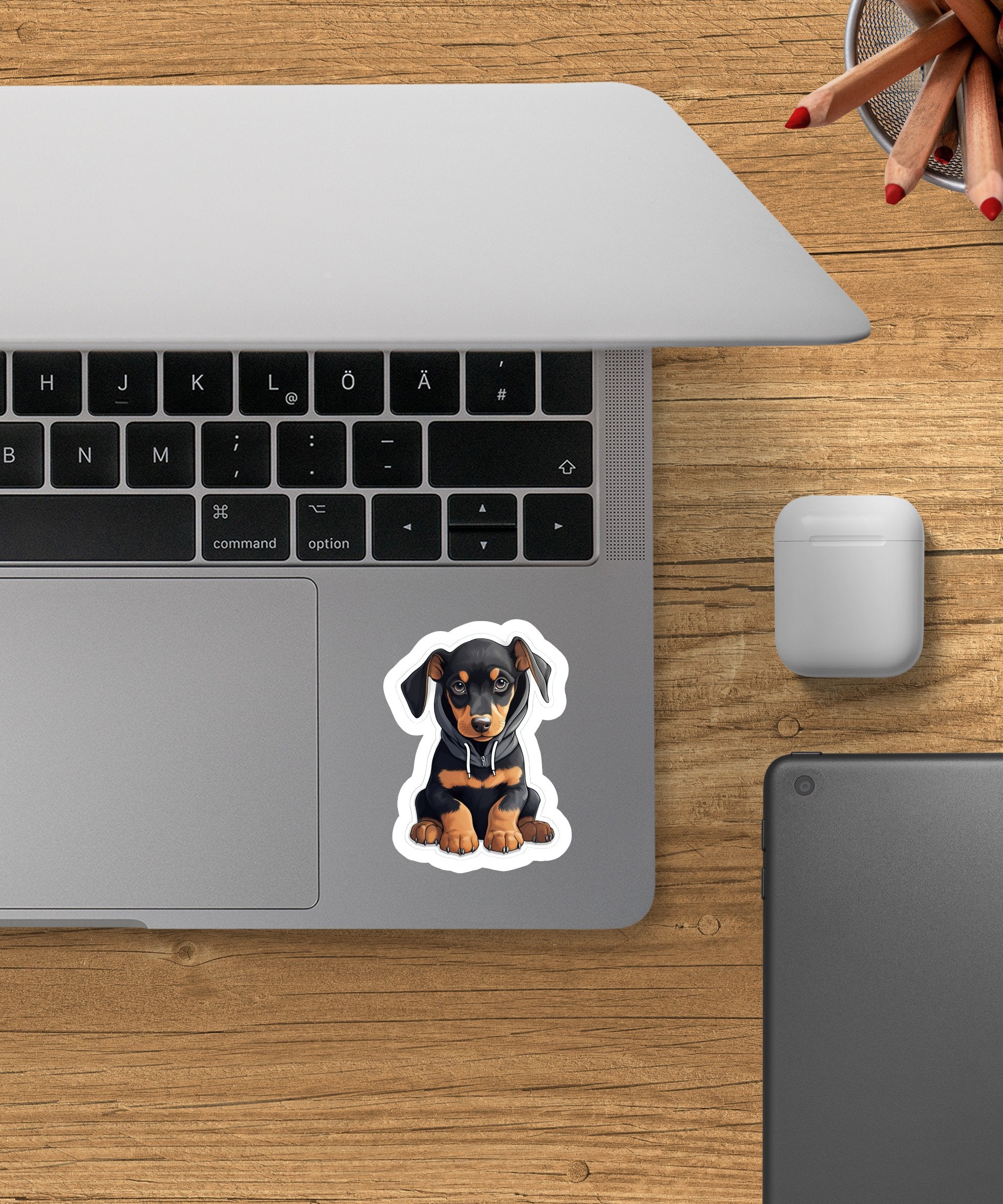 Cute Sticker Doberman Puppy Wearing a Dark Hoodie - Gabe Atkins Designs