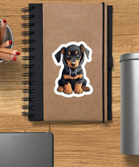 Cute Sticker Doberman Puppy Wearing a Dark Hoodie - Gabe Atkins Designs