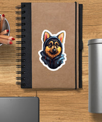 Cute Sticker | German Shepherd Puppy Wearing a Blue and Gray hoodie - Gabe Atkins Designs