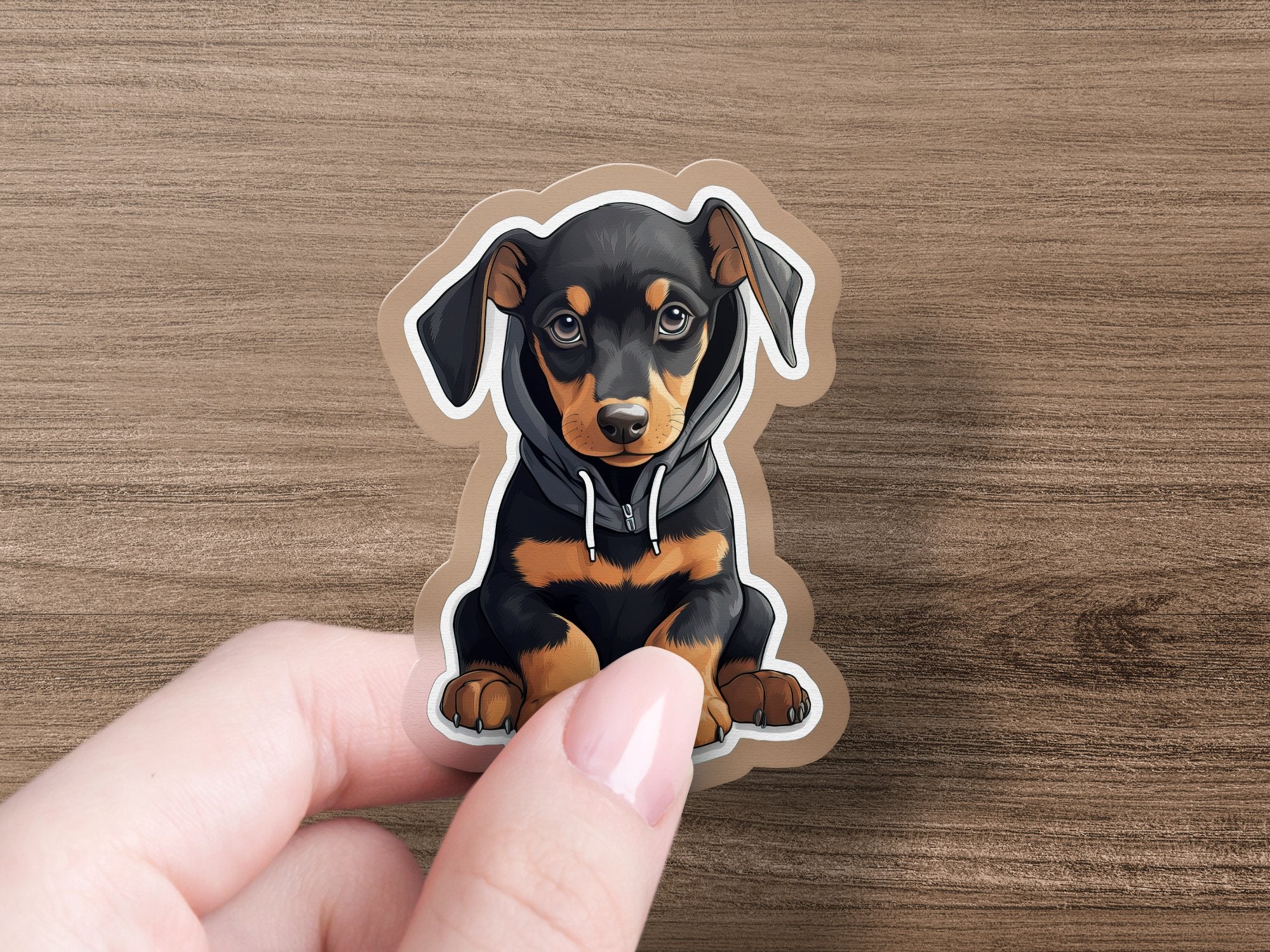 Cute Sticker Doberman Puppy Wearing a Dark Hoodie - Gabe Atkins Designs