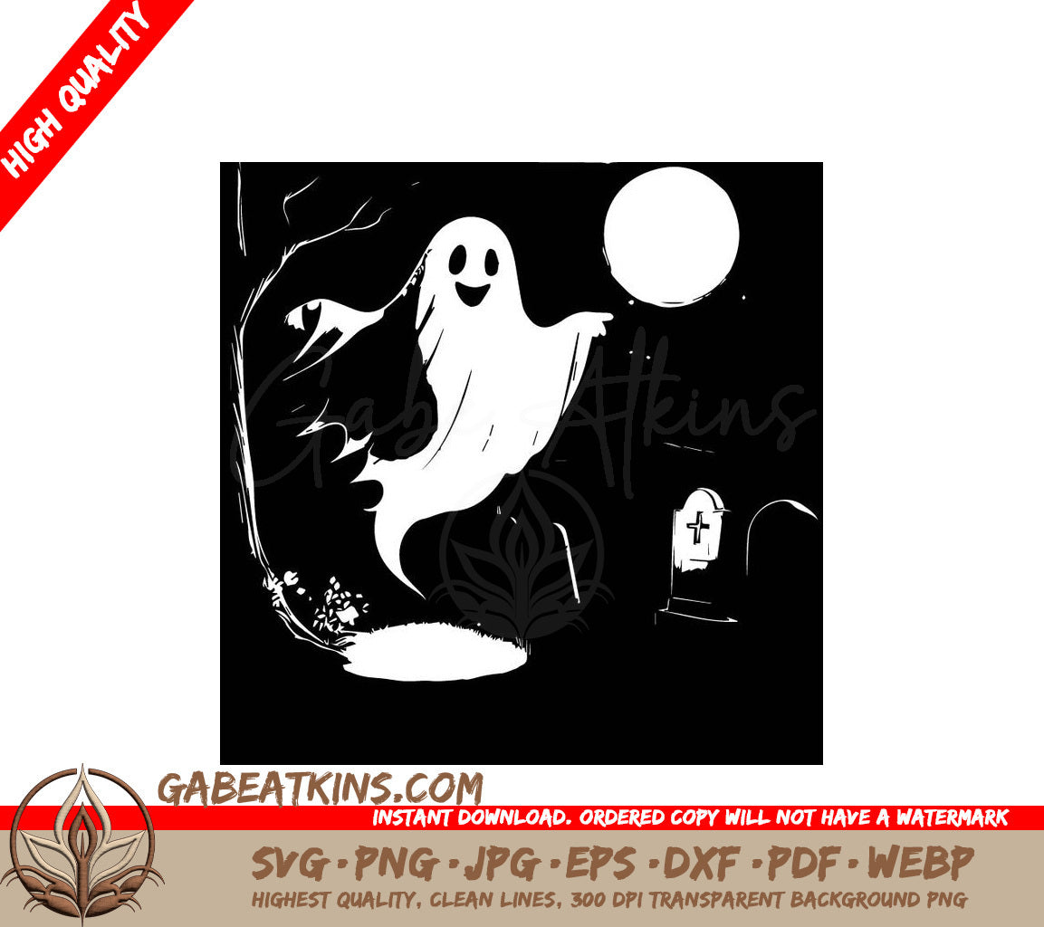 Halloween Ghost Flying Over Cemetery SVG -  Drawing SVG