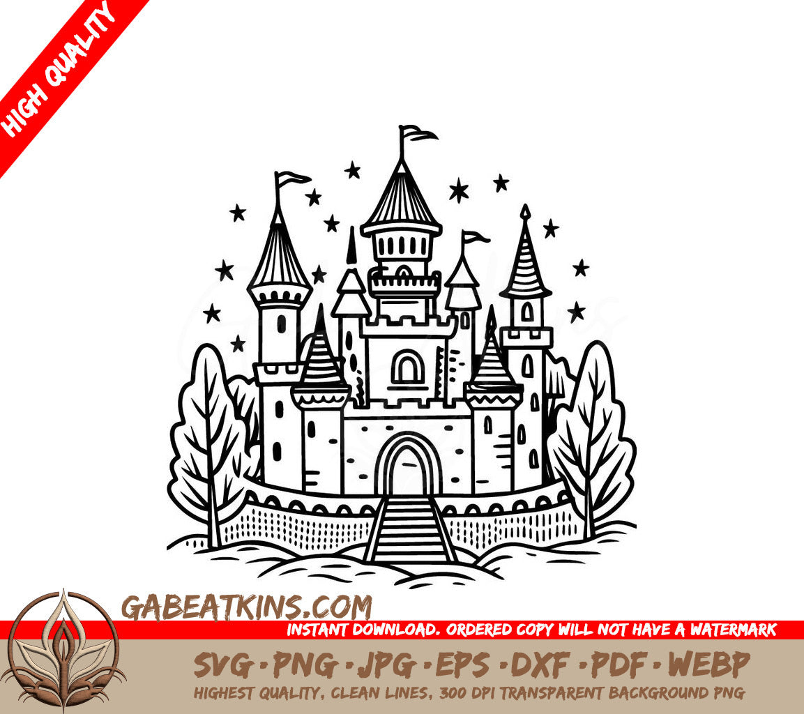  Castle with Trees & Stars SVG Illustration SVG