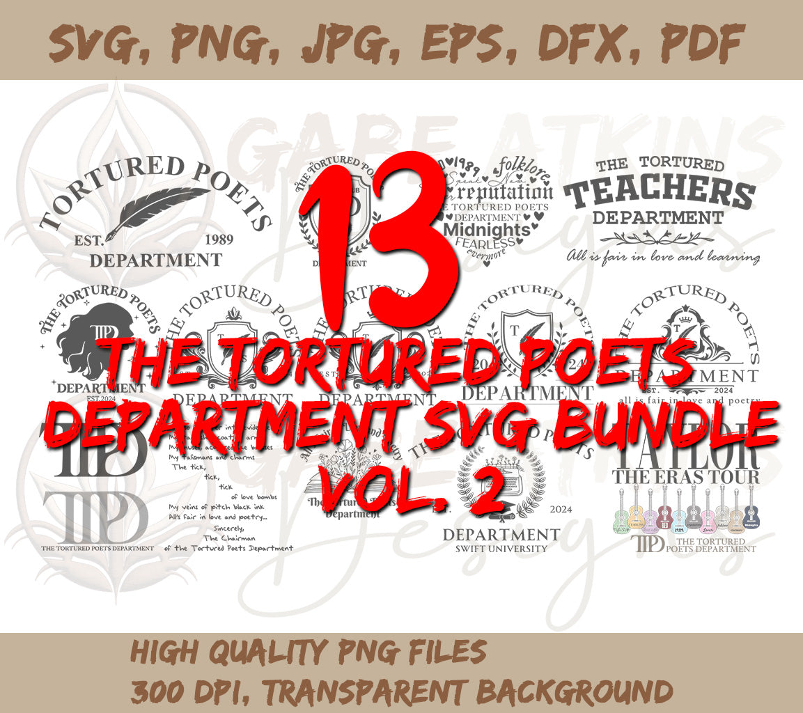 The Tortured Poets Department SVG Bundle V2 | 13 TTPD SVG Bundle Desig | SVG, PNG JPG, EPS, DXF, PDF File Formats Included Vol