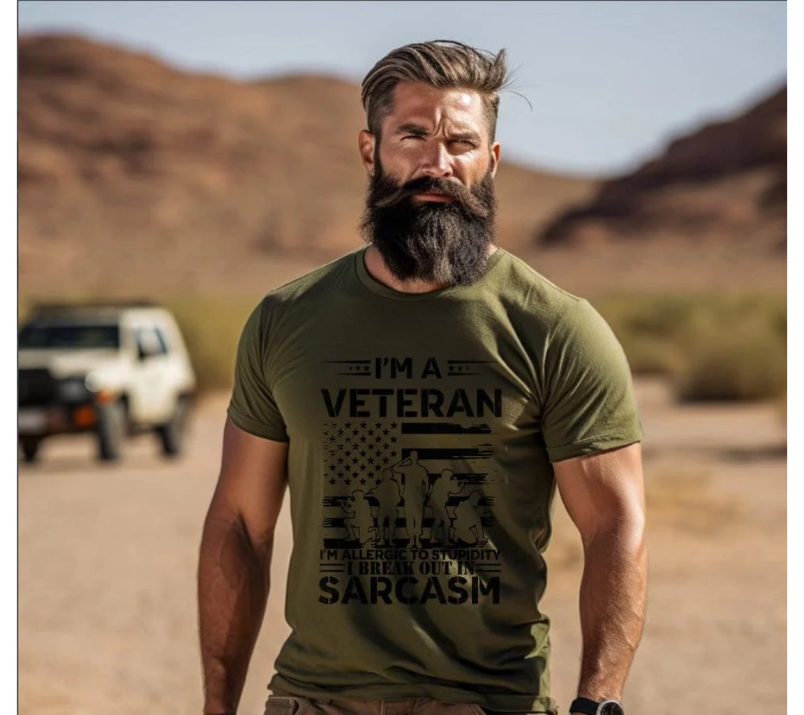 I am a Veteran T-Shirt | I am Allergic To Stupidity I Break Out In Sarcasm | T-Shirt | Allergic to Stupidity, Break out in Sarcasm, Cotton, Crew neck, DTG, I am a veteran, Men's Clothing, Neck Labels, Physical Product, Regular fit, T-shirts, Unisex, Veteran, Veteran t-shirt, Women's Clothing | Printify