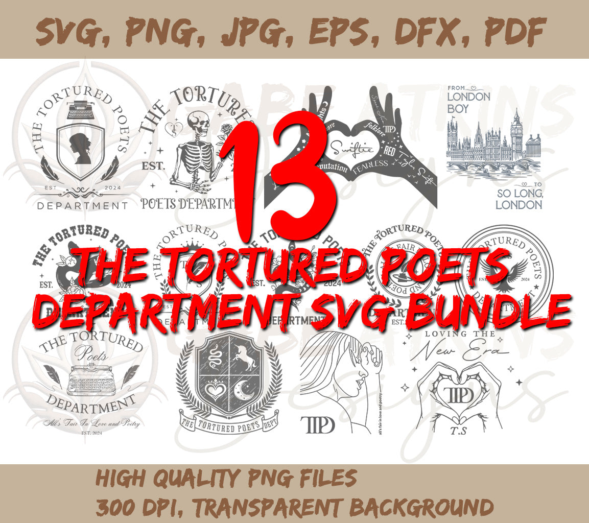 The Tortured Poets Department SVG Bundle | 13 TTPD SVG Bundle Designs  | SVG, PNG JPG, EPS, DXF, PDF File Formats Included