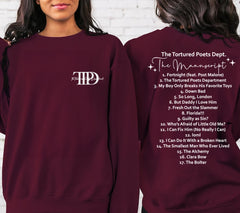 The Tortured Poets Department Sweatshirt with Tracklist on The Back |  | Tortured Poets Department Unisex Sweatshirt