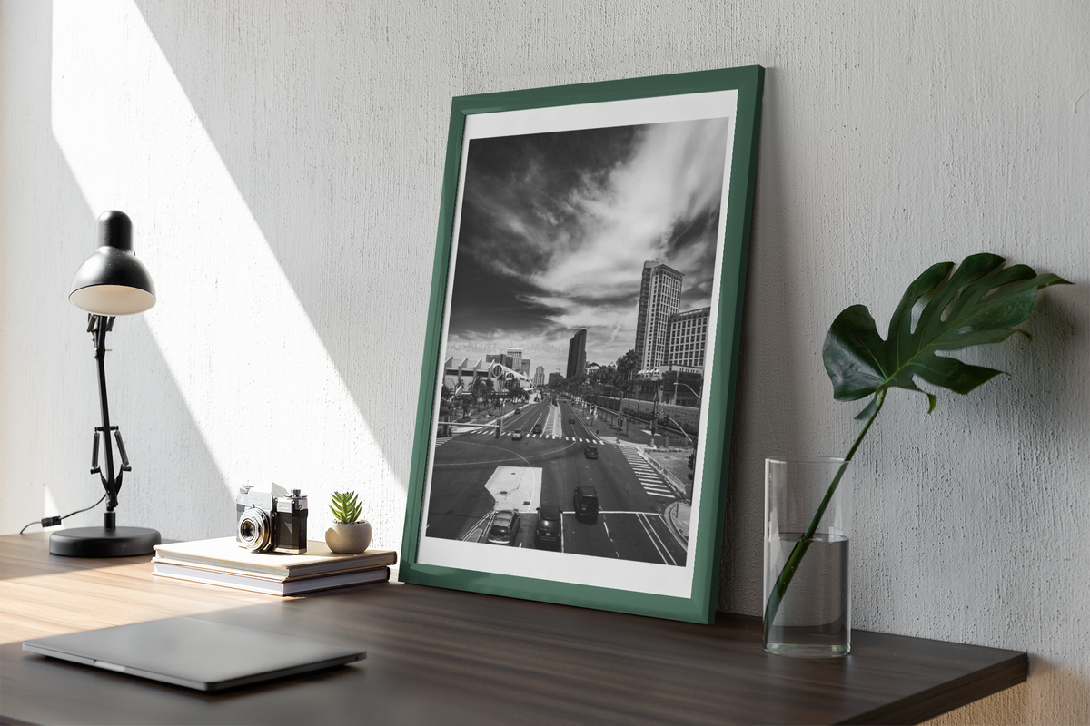 Harbor Drive Pedestrian Bridge Photograph Black and White | Digital Download | Wall Art | Black and White, Cityscape, Classic Photo, Fine Art Print, Free Shipping, Harbor Drive Bridge, Light and Shadow, Pedestrian Bridge, Photograph, San Diego, Skyline, Tall Building, Train | Gabe Atkins Designs