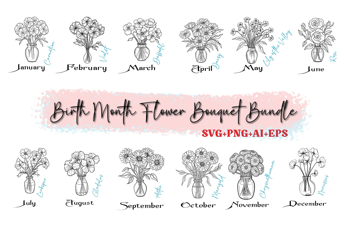 Birth Month Flower Bouquet Svg Bundle, Birth Month Flower, Flower Svg, Floral Svg, Birth flower,Flower Bouquet,flower,flowers,tattoo,Svg,Png | Clipart | Birth Month Flowers, birthday flower eps, Birthday Flower Svg, birthday flowers png, birthday month svg, Birthday svg, Botanical svg, cricut, Floral Svg, Flower Svg Bundle, Svg, svg bundle, Wildflower | Gabe Atkins Designs