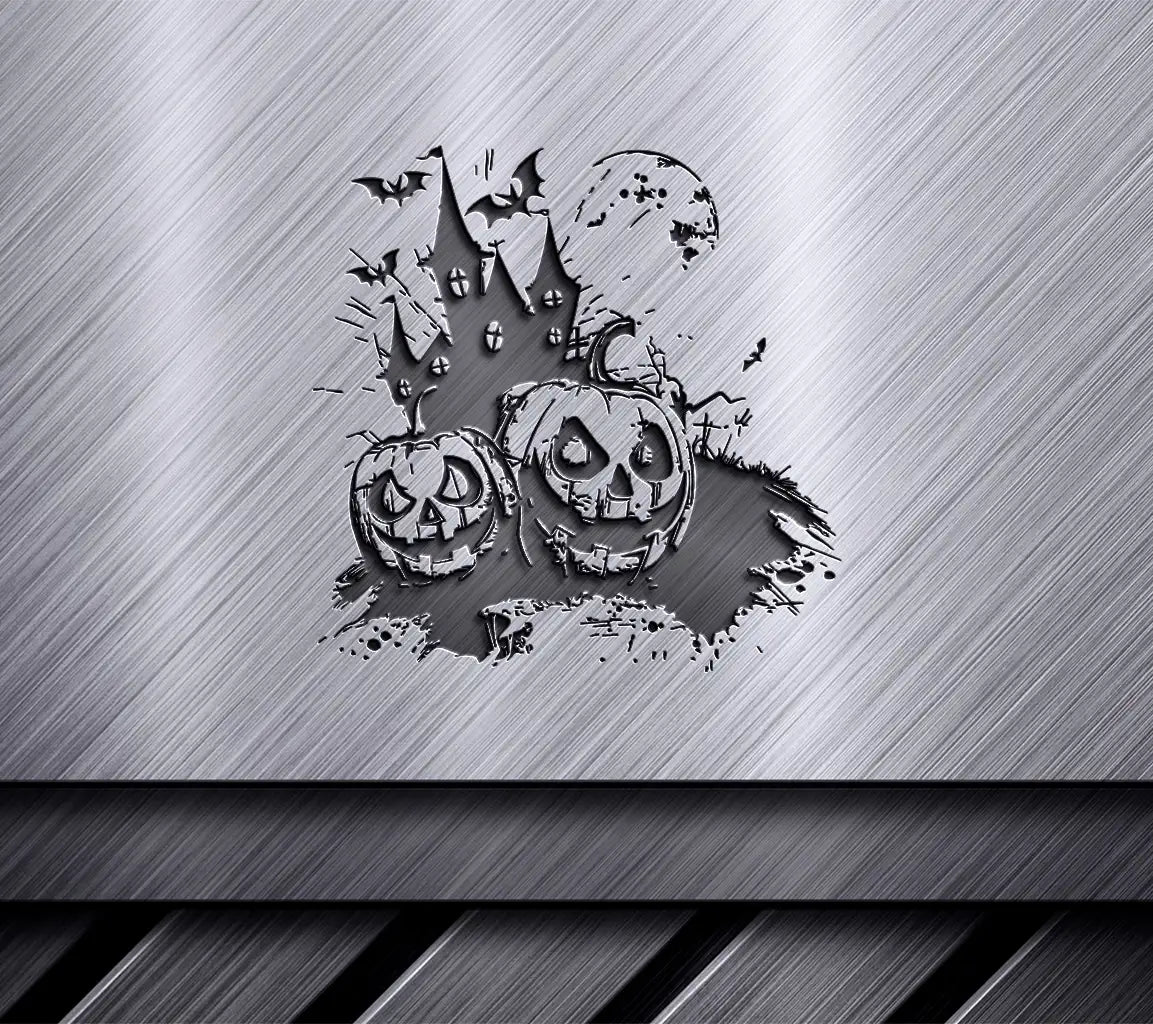 Halloween Haunted House & Pumpkins SVG -  Drawing SVG