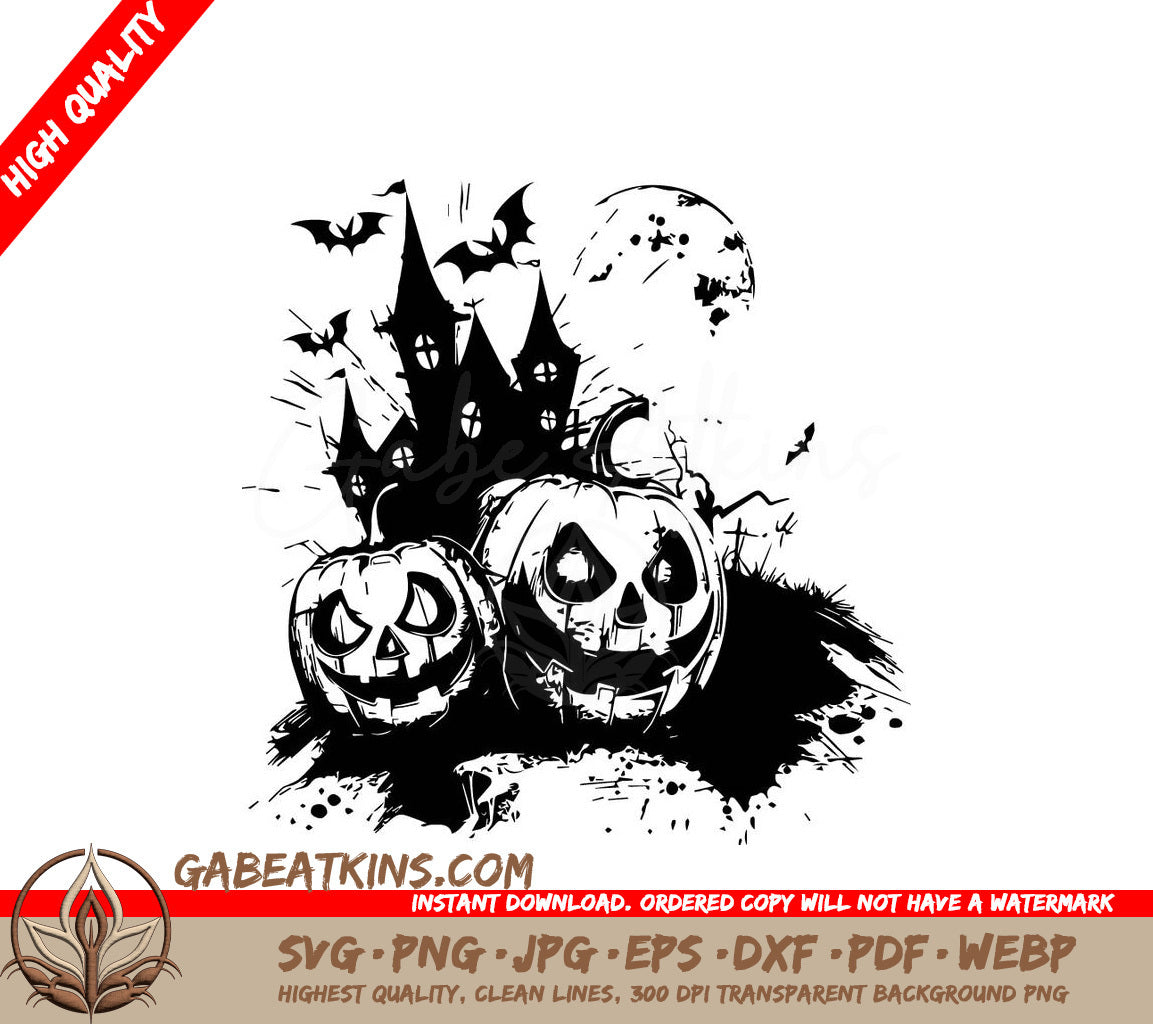 Halloween Haunted House & Pumpkins SVG -  Drawing SVG