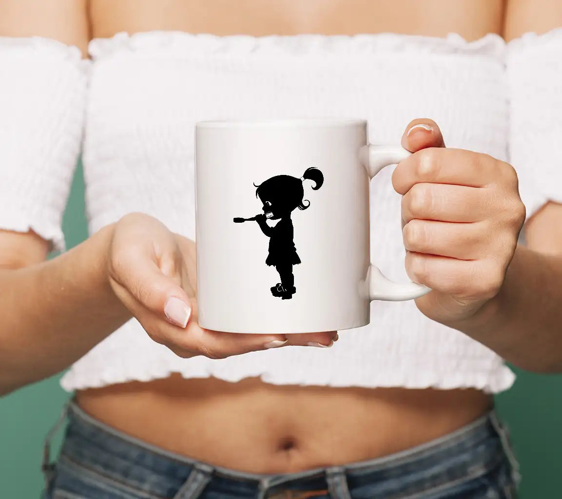 Little Girl Brushing Teeth Silhouette SVG - Full Body Black SVG