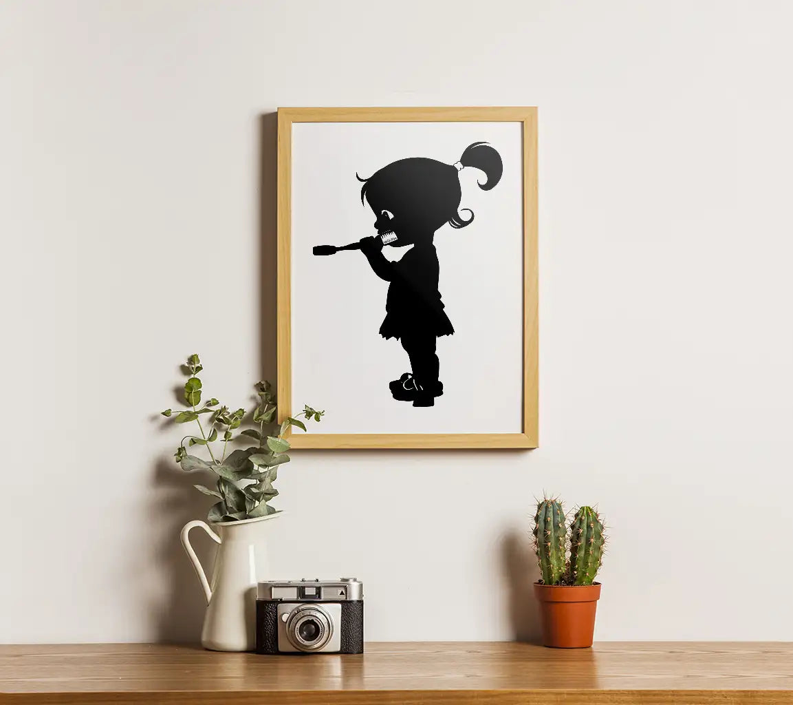 Little Girl Brushing Teeth Silhouette SVG - Full Body Black SVG