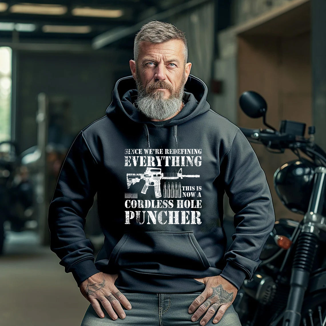 Patriotic Pro-Gun Hoodie Since We Are Redefining Everything Cordless Hole Puncher Design, USA Spirit, Ideal Gift for Pro-Gun Dads Hoodie - Gabe Atkins Designs