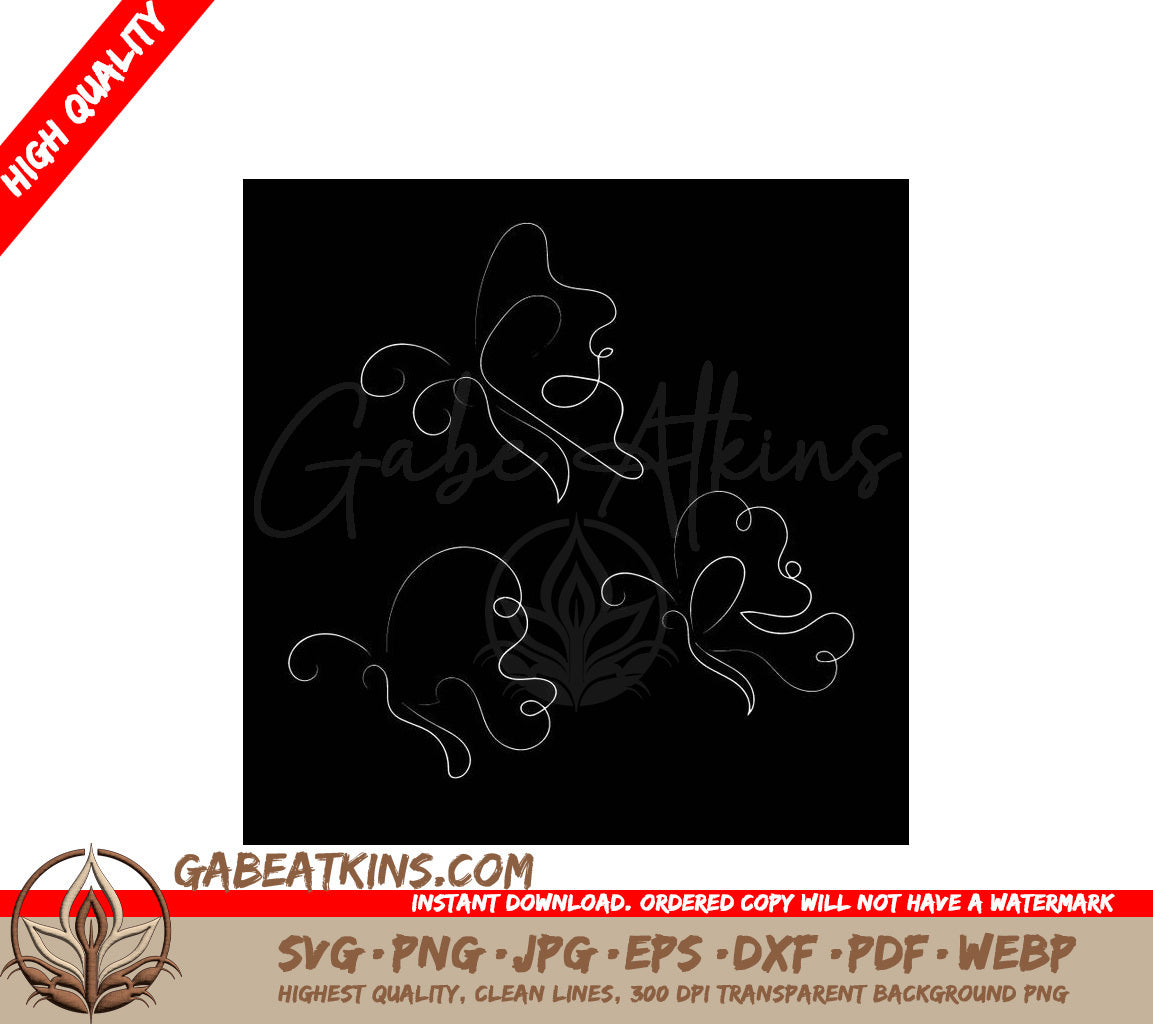 Linear Butterfly Outline SVG Pack - 3 Butterflies on Black Background SVG