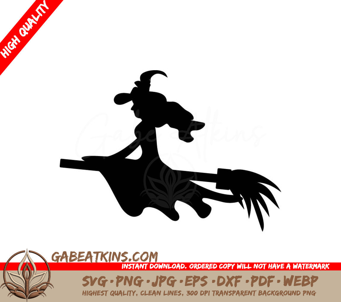 Flying Witch Silhouette SVG - Magic Broom Cartoon Illustration SVG