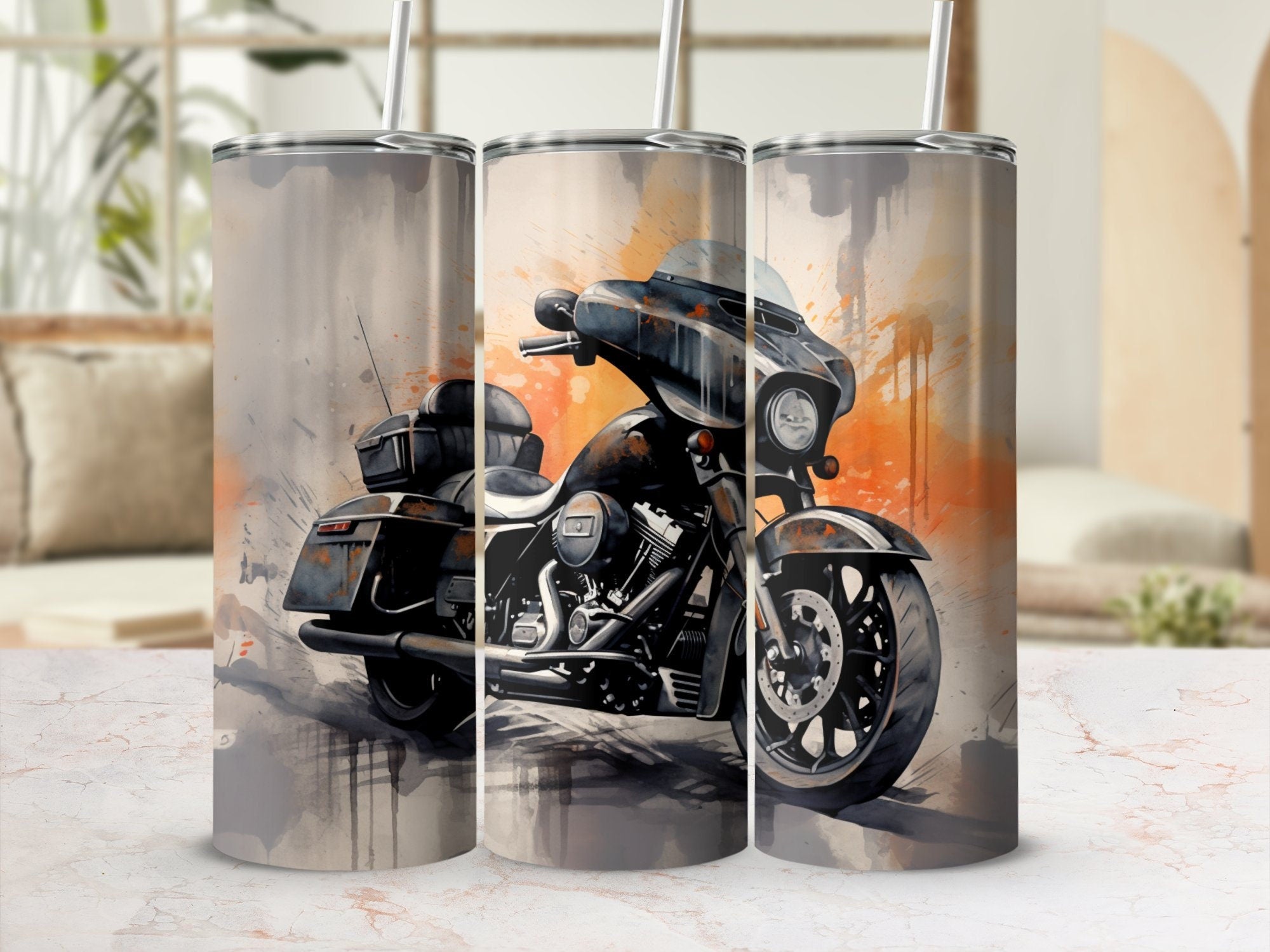 Seamless Motorcycle Tumbler Wrap, Sunrise Cruiser Motorcycle Glide Wat | Seamless Motorcycle Tumbler Wrap, Sunrise Cruiser Motorcycle Glide Watercolor, 20oz Tumbler Wrap, Straight & Tapered Tumbler Wrap